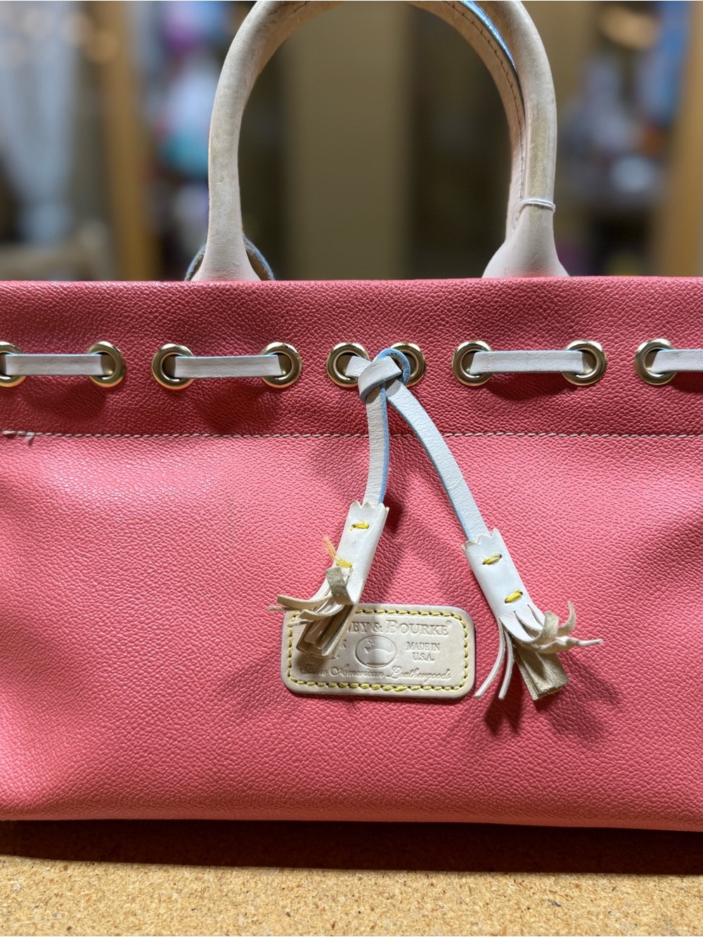 Dooney & Bourke Coral Pink Tote with Cream Handles - Picture 2 of 5